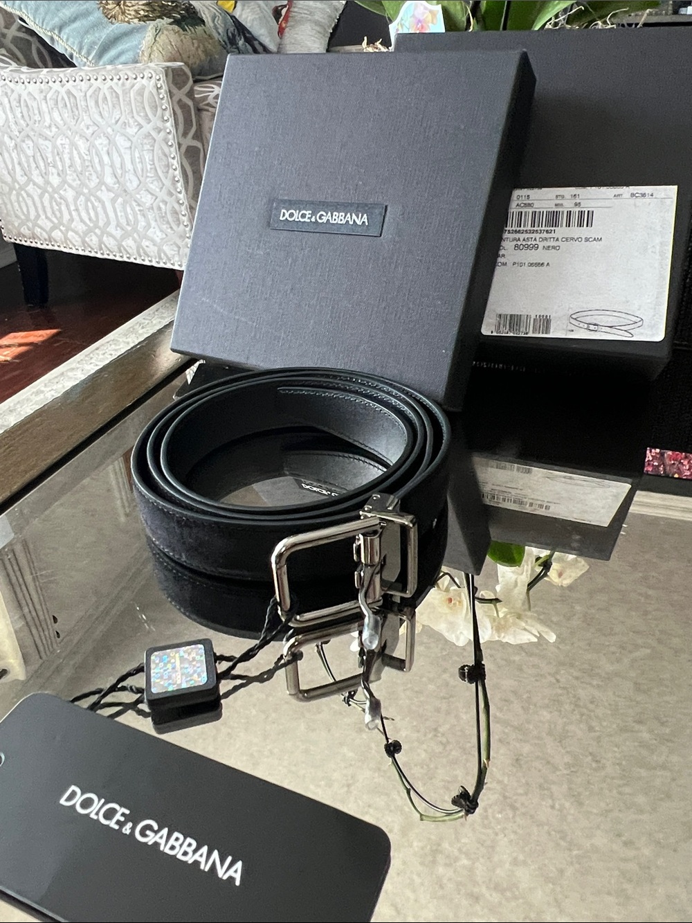 Dolce & Gabbana Black suede Leather Belt with Silver-Tone Double Buckle